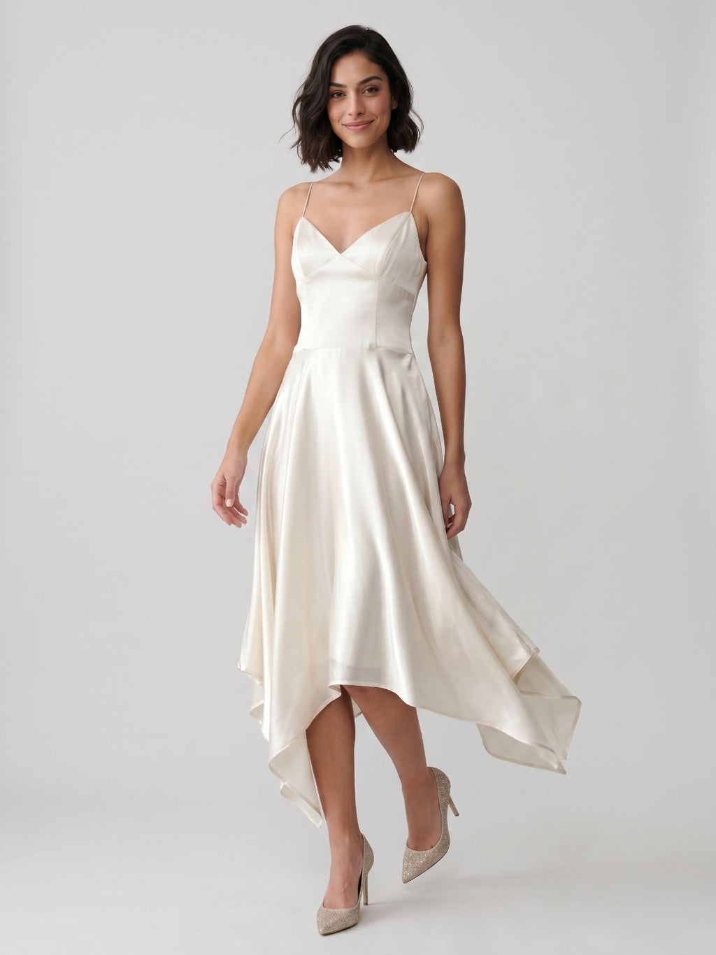 Ivory Satin A-Line V-Neck Side Zip Asymmetrical Dress