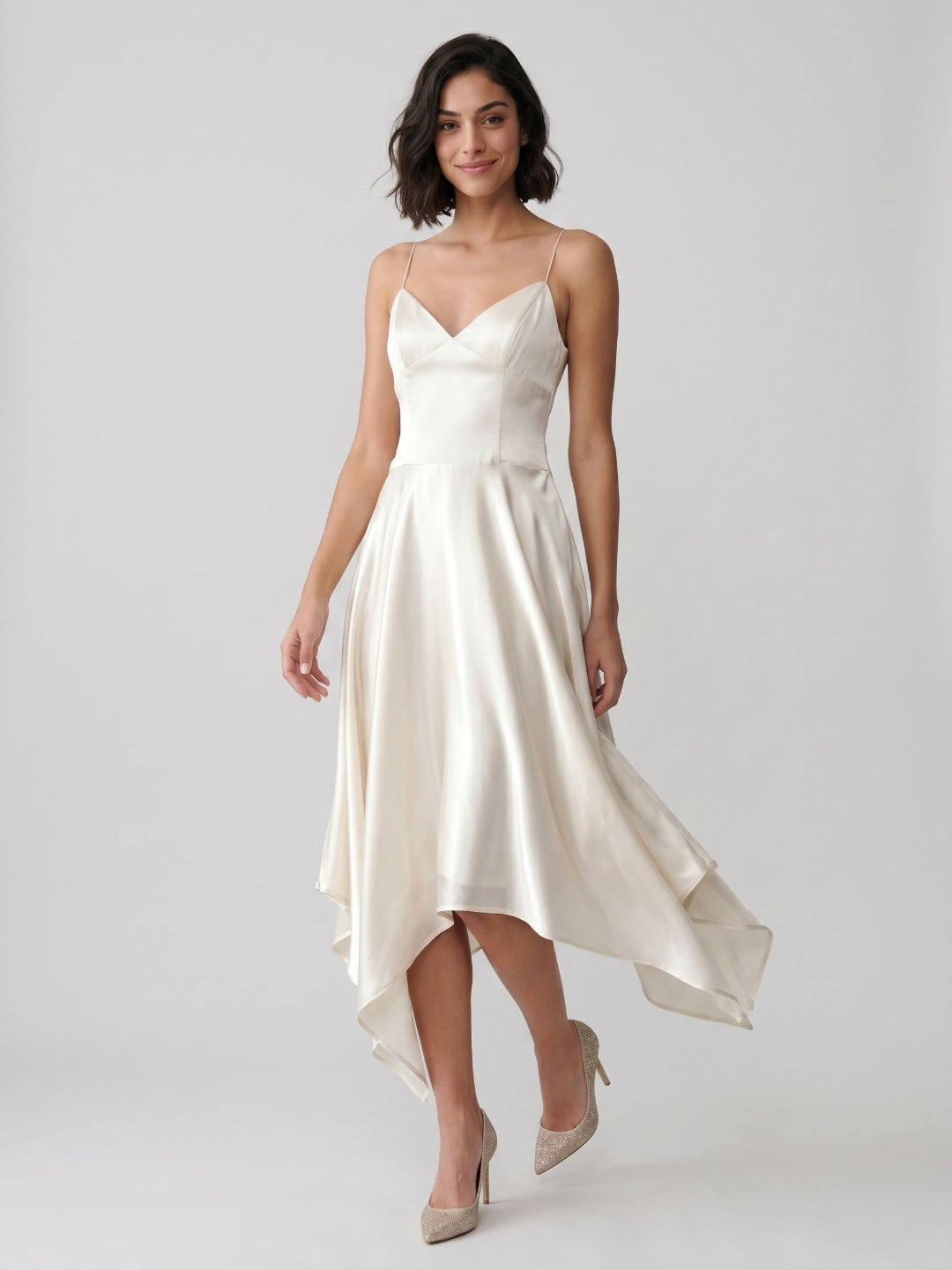 Ivory Satin A-Line V-Neck Side Zip Asymmetrical Dress