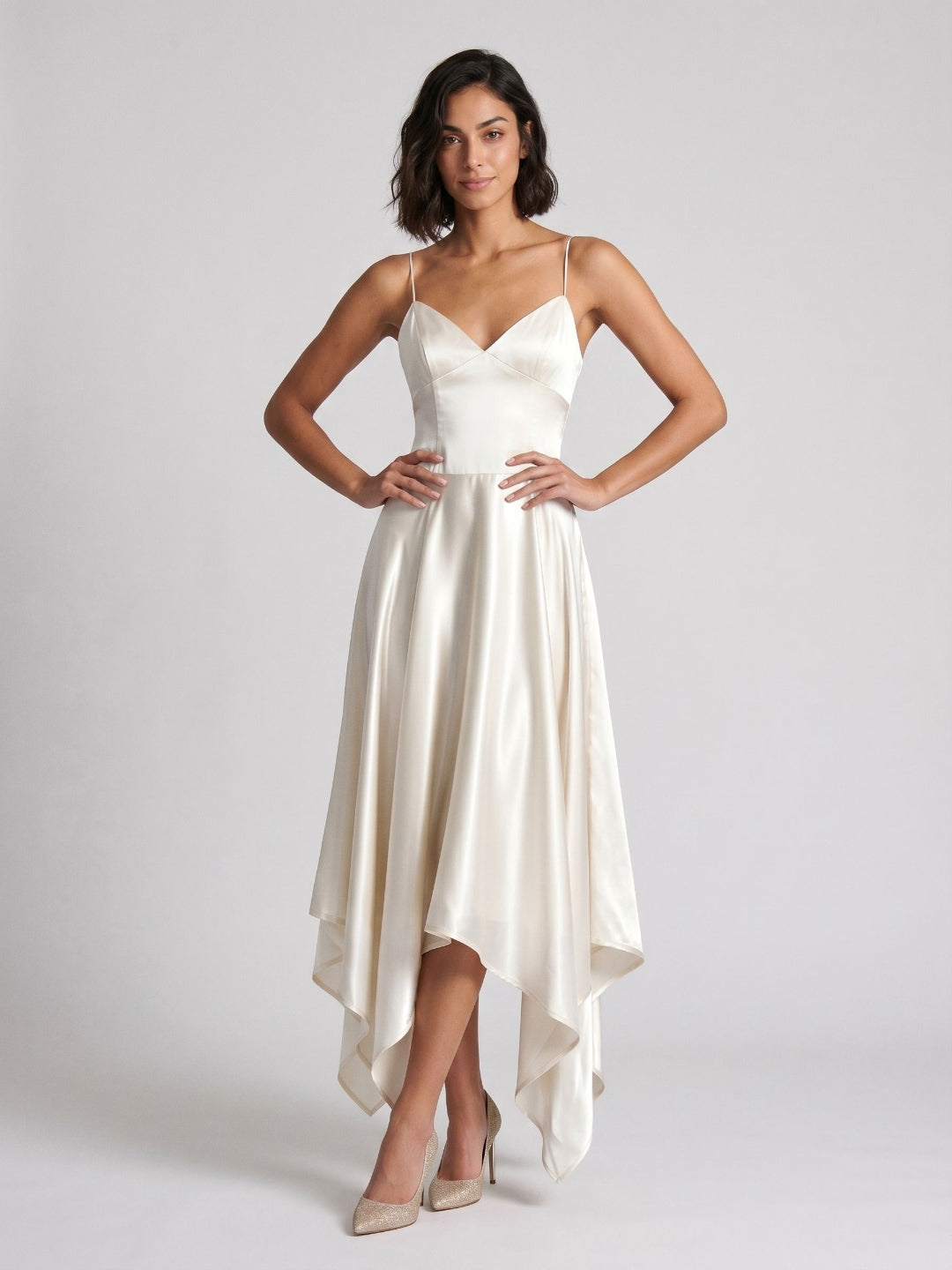 Ivory Satin A-Line V-Neck Side Zip Asymmetrical Dress