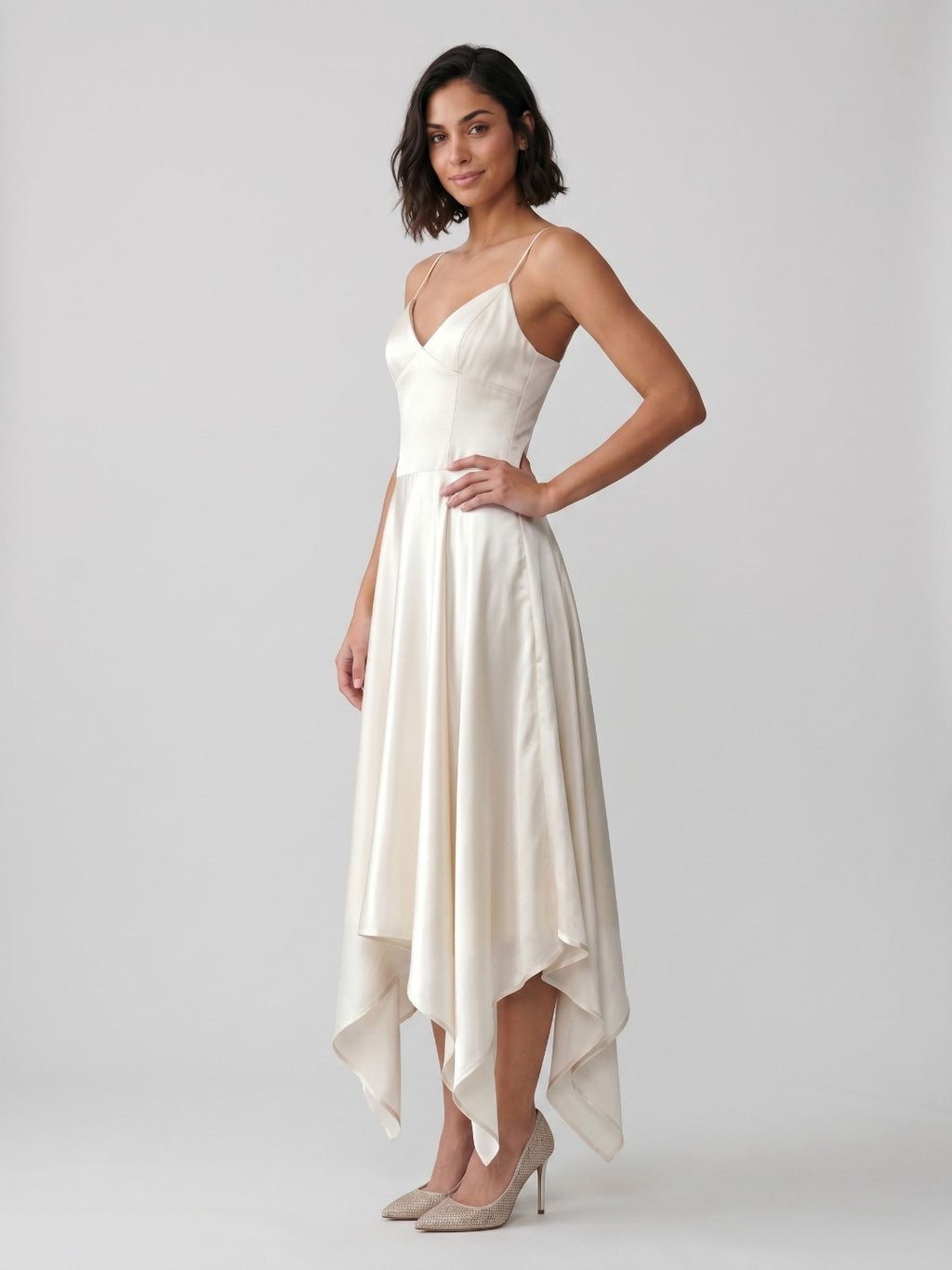 Ivory Satin A-Line V-Neck Side Zip Asymmetrical Dress