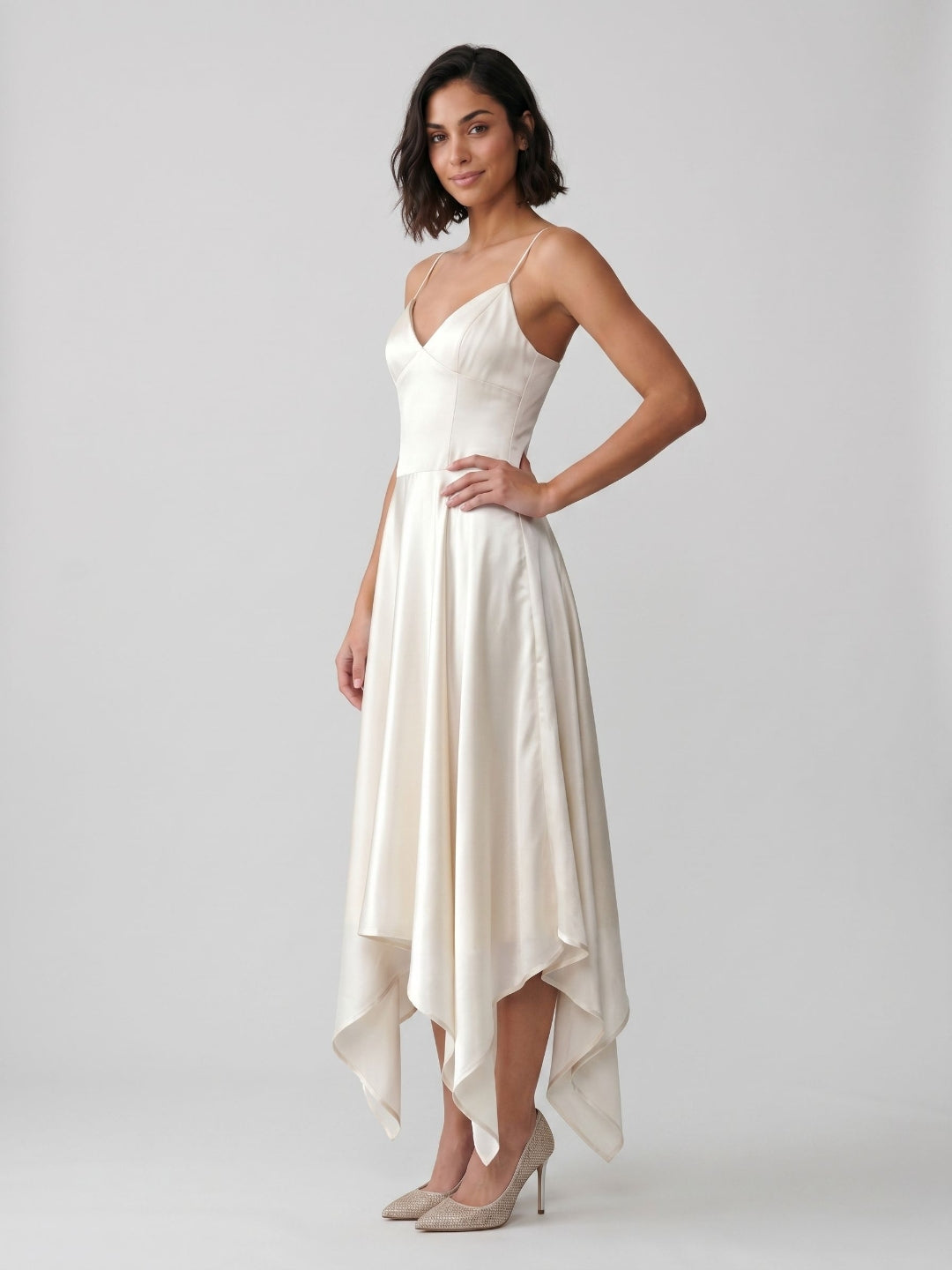 Ivory Satin A-Line V-Neck Side Zip Asymmetrical Dress