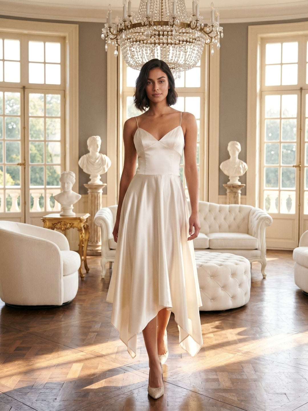 Ivory Satin A-Line V-Neck Side Zip Asymmetrical Dress