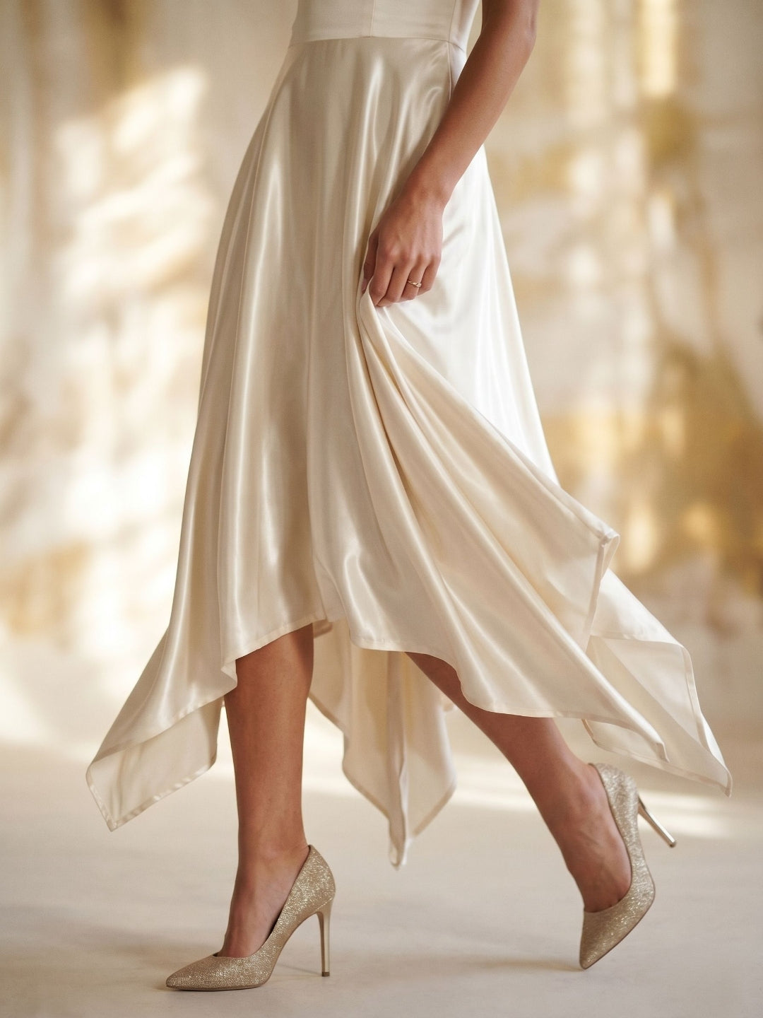 Ivory Satin A-Line V-Neck Side Zip Asymmetrical Dress