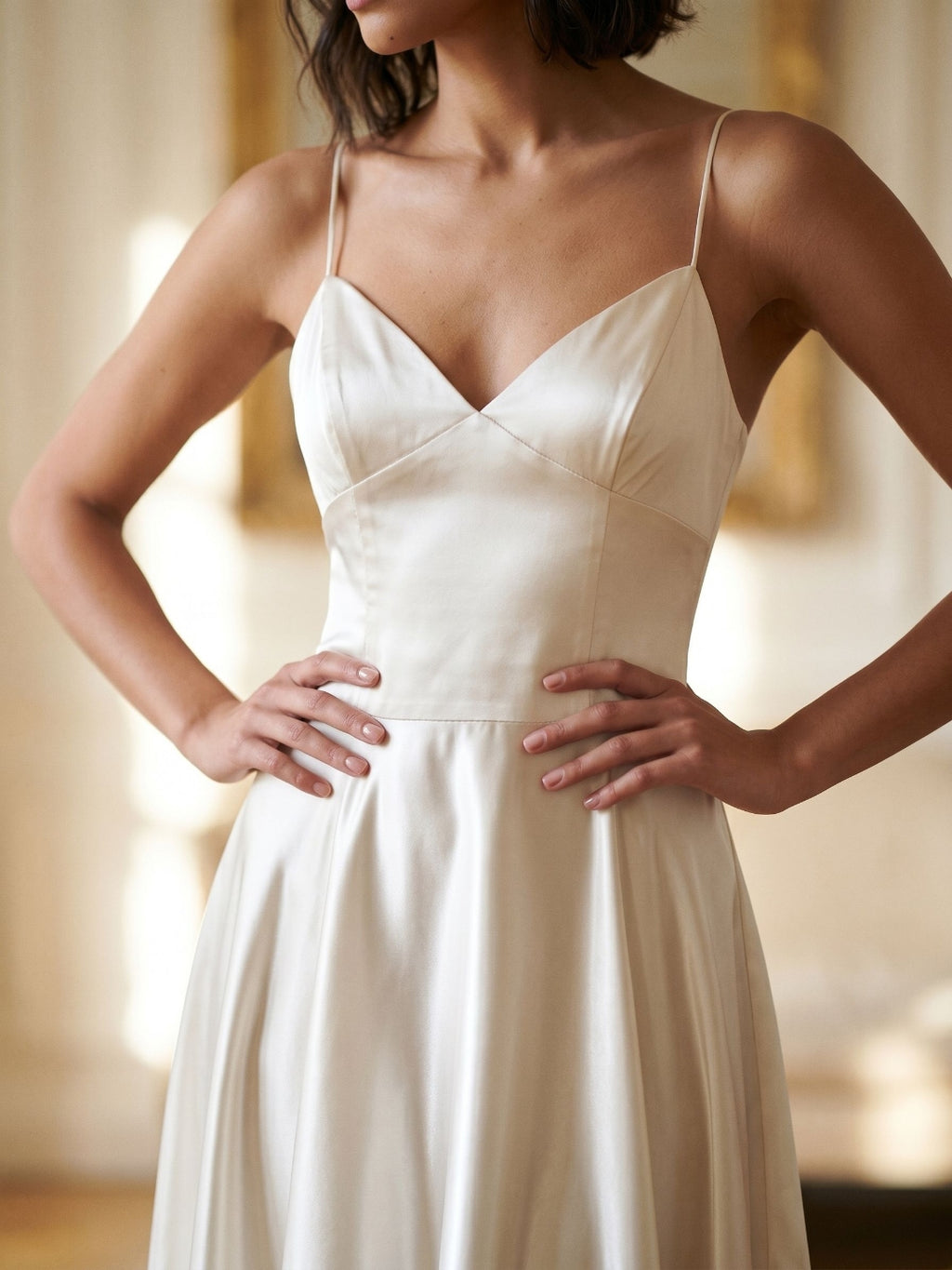 Ivory Satin A-Line V-Neck Side Zip Asymmetrical Dress