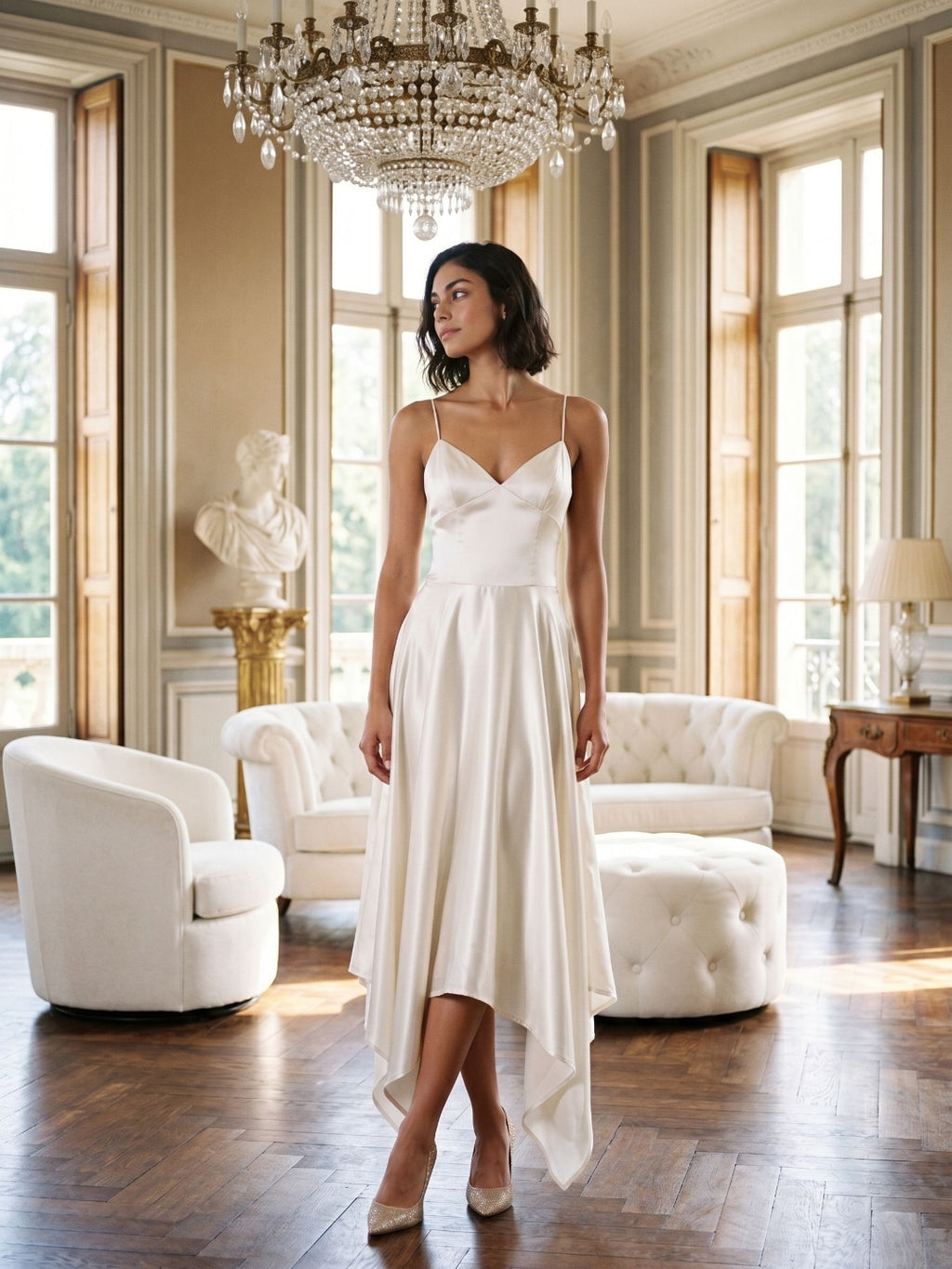 Ivory Satin A-Line V-Neck Side Zip Asymmetrical Dress