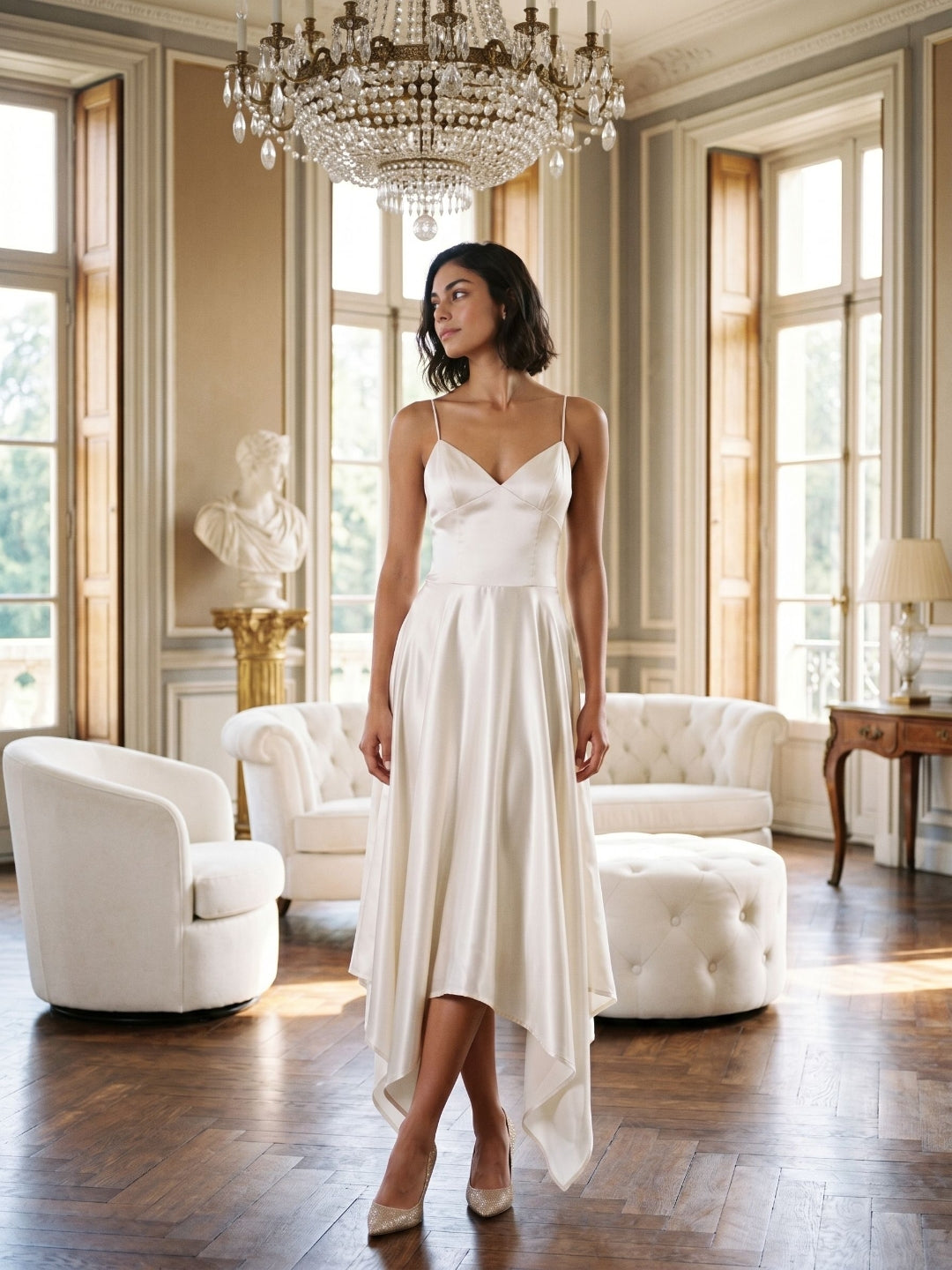 Ivory Satin A-Line V-Neck Side Zip Asymmetrical Dress