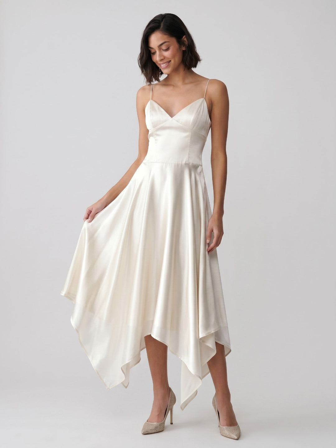 Ivory Satin A-Line V-Neck Side Zip Asymmetrical Dress