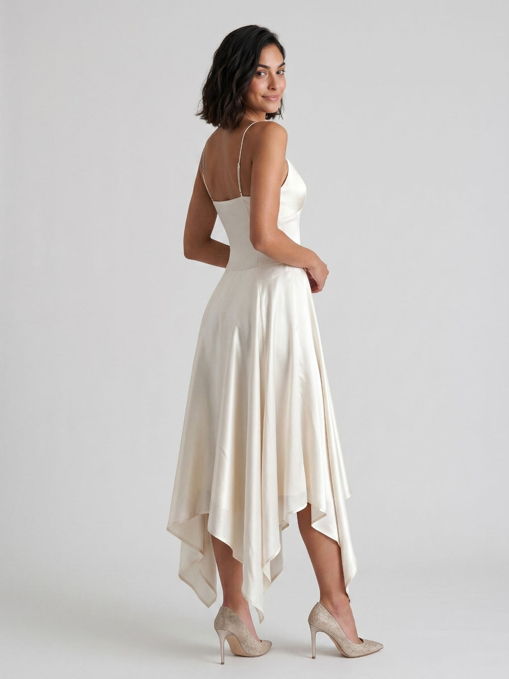 Ivory Satin A-Line V-Neck Side Zip Asymmetrical Dress