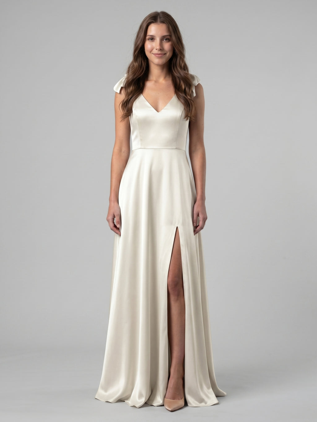 Ivory Satin A-Line V-Neck V-Back Floor-Length Bridesmaid Dress
