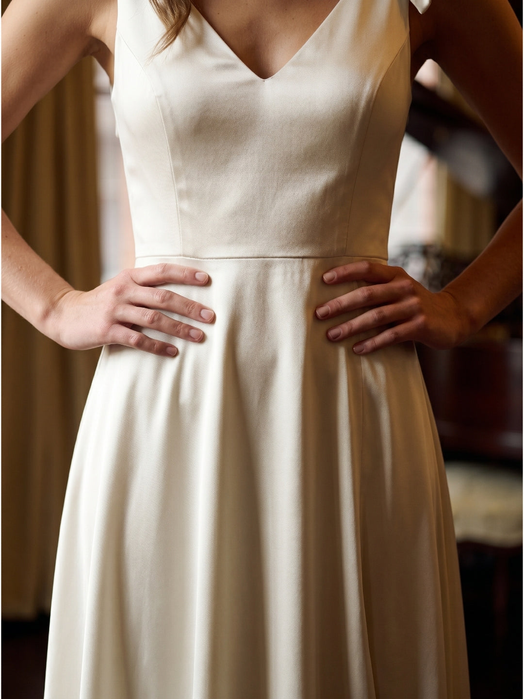 Ivory Satin A-Line V-Neck V-Back Floor-Length Bridesmaid Dress
