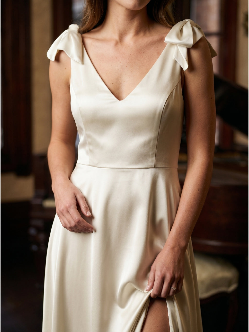 Ivory Satin A-Line V-Neck V-Back Floor-Length Bridesmaid Dress