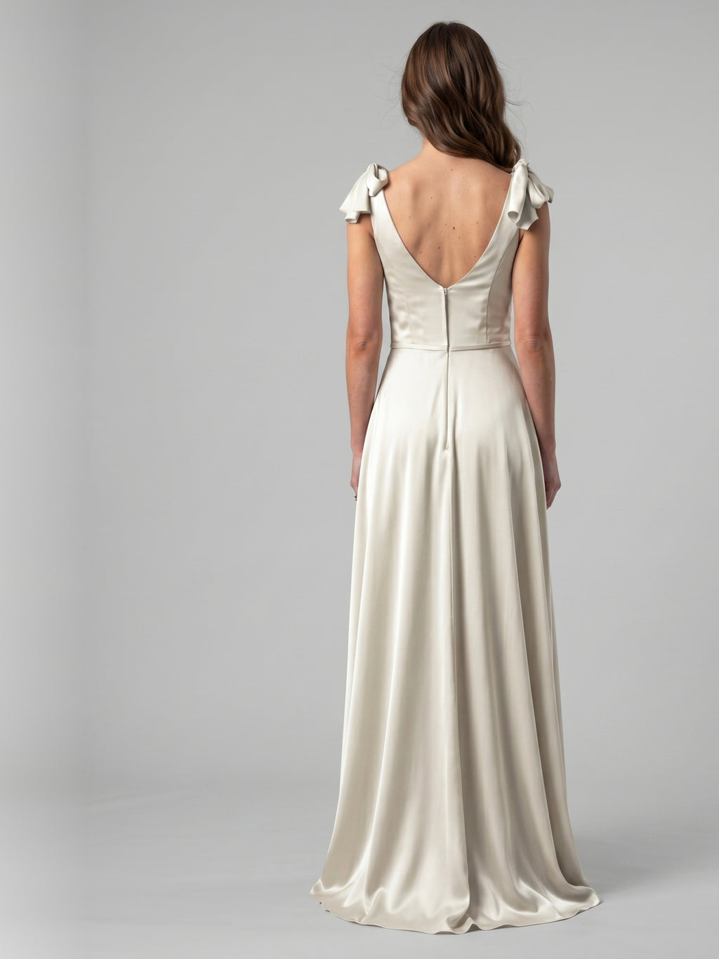 Ivory Satin A-Line V-Neck V-Back Floor-Length Bridesmaid Dress