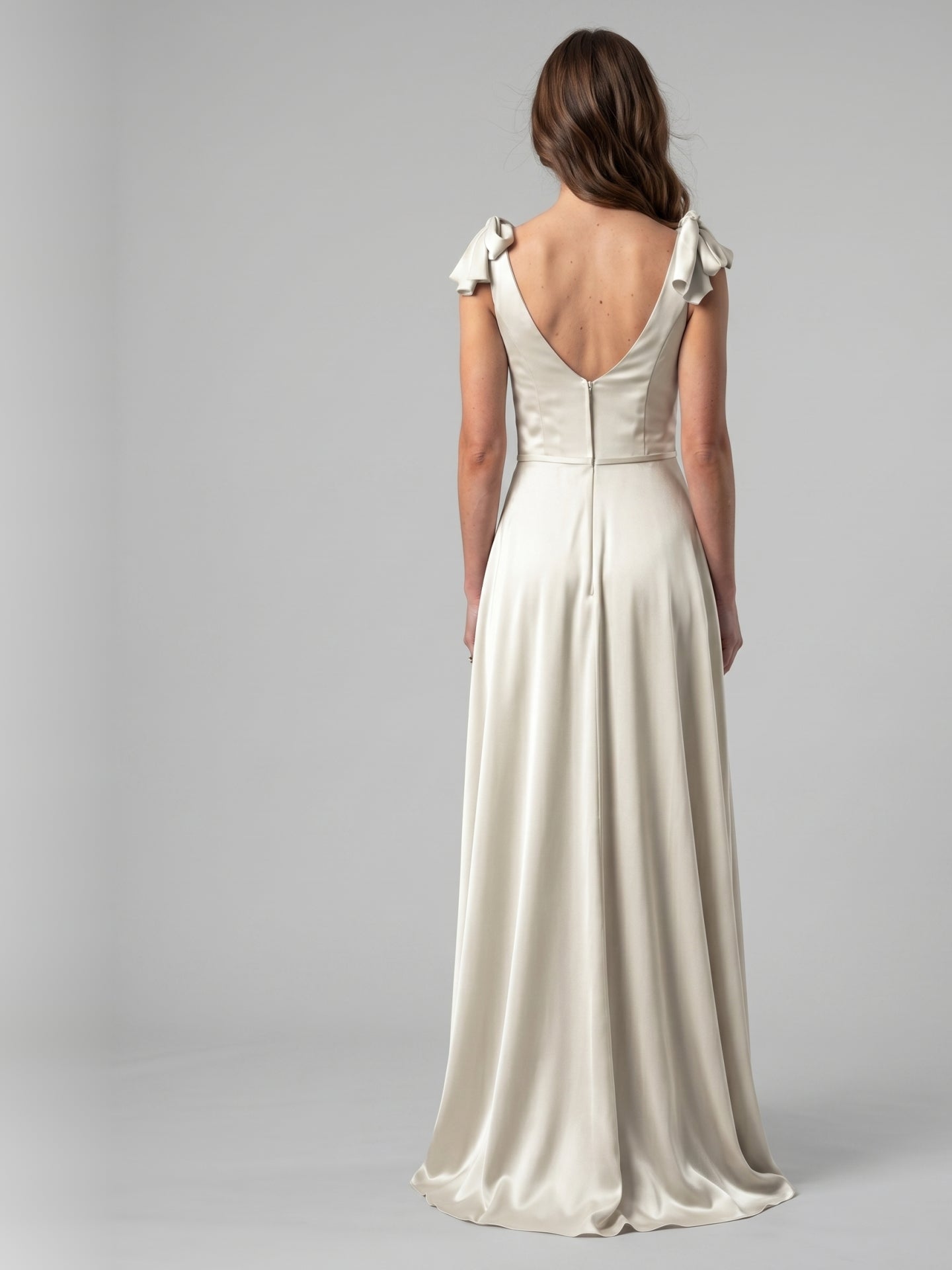 Ivory Satin A-Line V-Neck V-Back Floor-Length Bridesmaid Dress