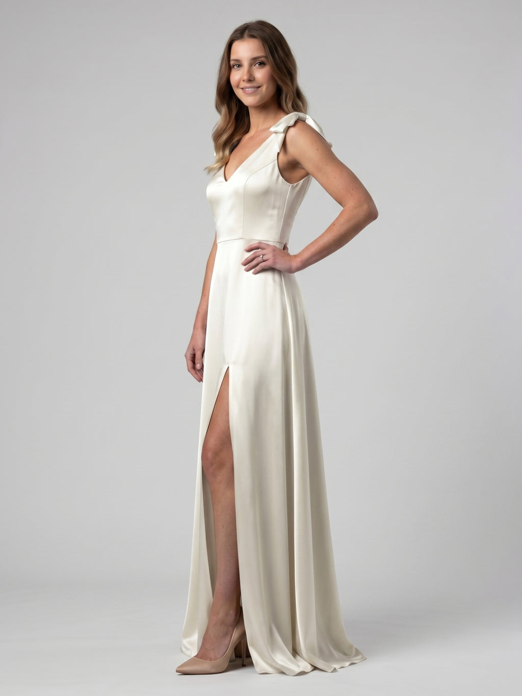 Ivory Satin A-Line V-Neck V-Back Floor-Length Bridesmaid Dress