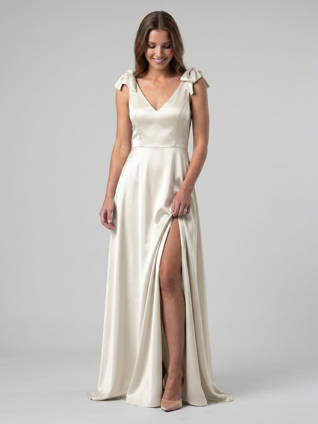 Ivory Satin A-Line V-Neck V-Back Floor-Length Bridesmaid Dress