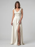 Ivory Satin A-Line V-Neck V-Back Floor-Length Bridesmaid Dress