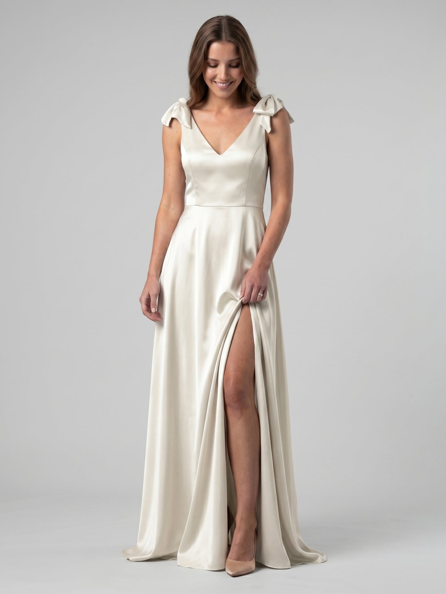 Ivory Satin A-Line V-Neck V-Back Floor-Length Bridesmaid Dress