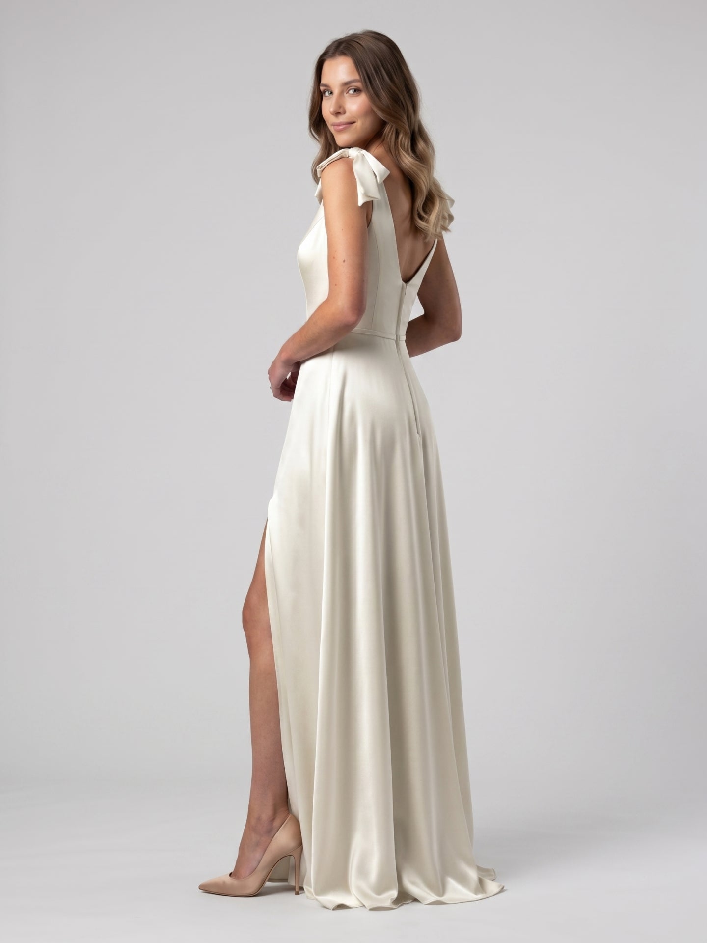 Ivory Satin A-Line V-Neck V-Back Floor-Length Bridesmaid Dress