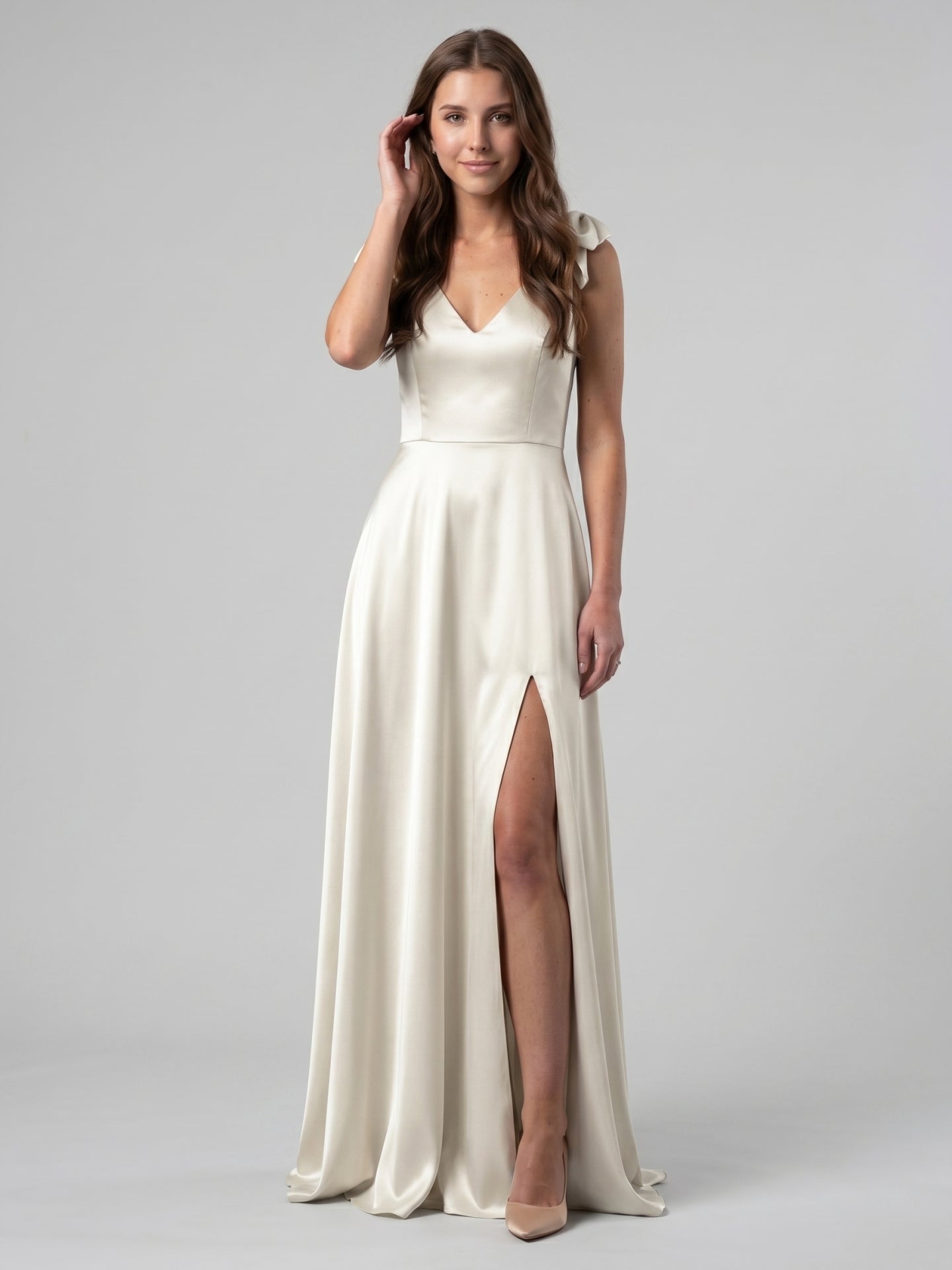 Ivory Satin A-Line V-Neck V-Back Floor-Length Bridesmaid Dress