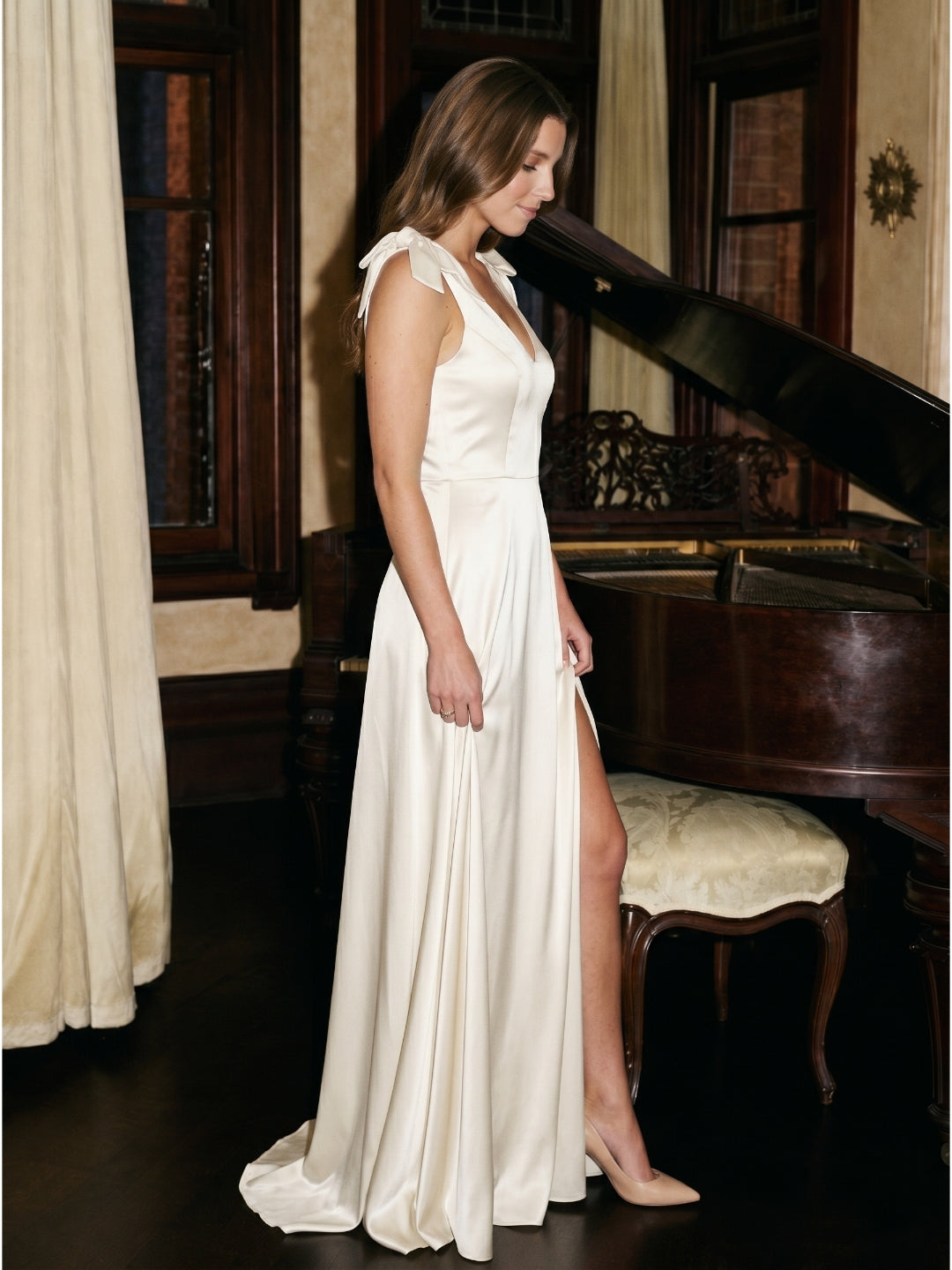 Ivory Satin A-Line V-Neck V-Back Floor-Length Bridesmaid Dress