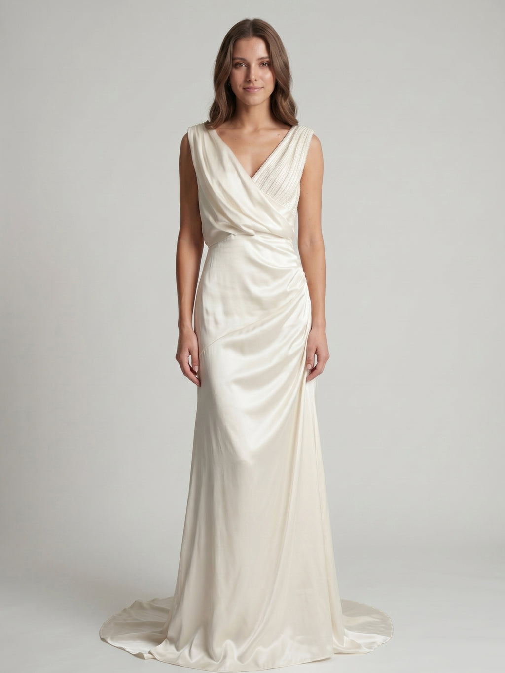 Ivory Satin A-Line V-Neck V-Back Floor-Length Pleated Bridesmaid Dress