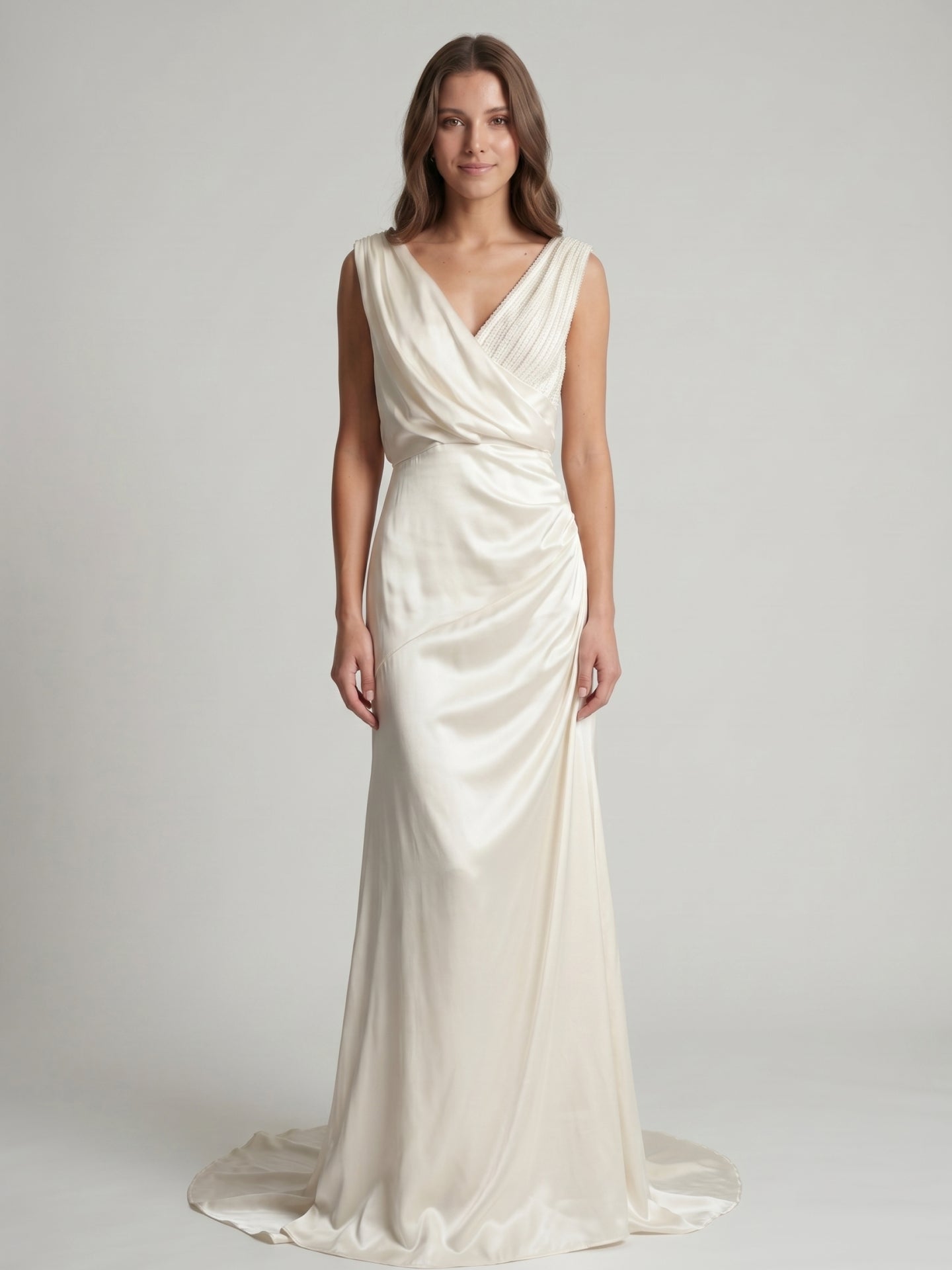 Ivory Satin A-Line V-Neck V-Back Floor-Length Pleated Bridesmaid Dress