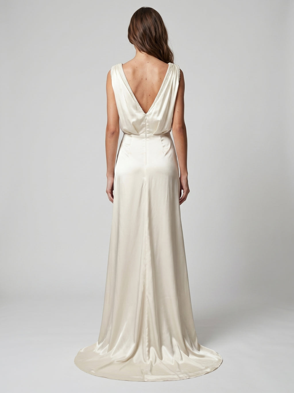 Ivory Satin A-Line V-Neck V-Back Floor-Length Pleated Bridesmaid Dress