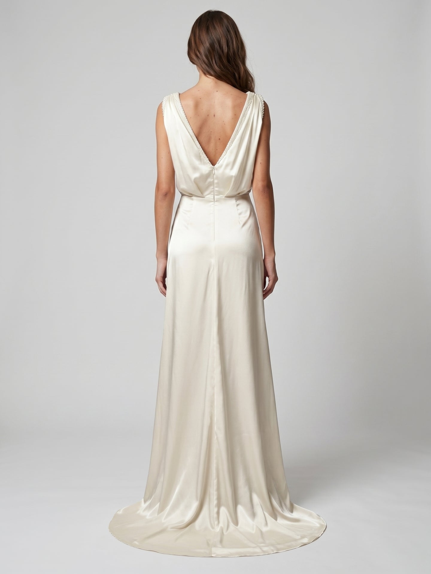 Ivory Satin A-Line V-Neck V-Back Floor-Length Pleated Bridesmaid Dress