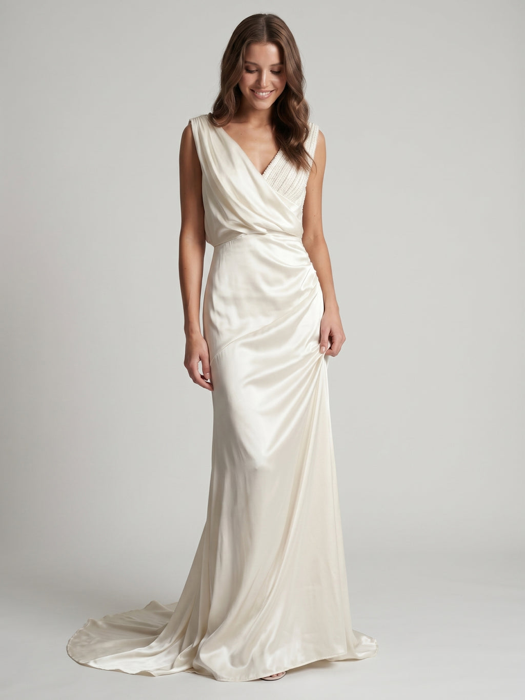 Ivory Satin A-Line V-Neck V-Back Floor-Length Pleated Bridesmaid Dress
