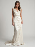 Ivory Satin A-Line V-Neck V-Back Floor-Length Pleated Bridesmaid Dress