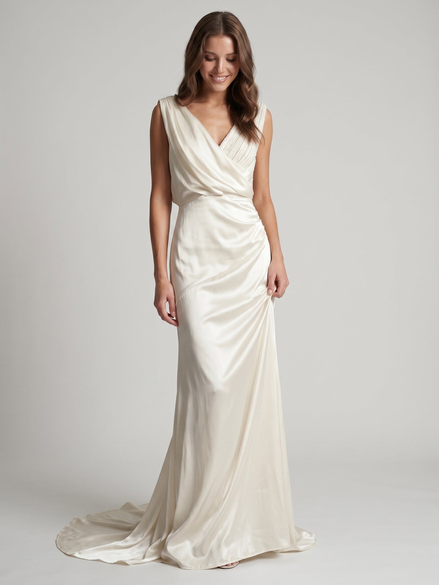 Ivory Satin A-Line V-Neck V-Back Floor-Length Pleated Bridesmaid Dress