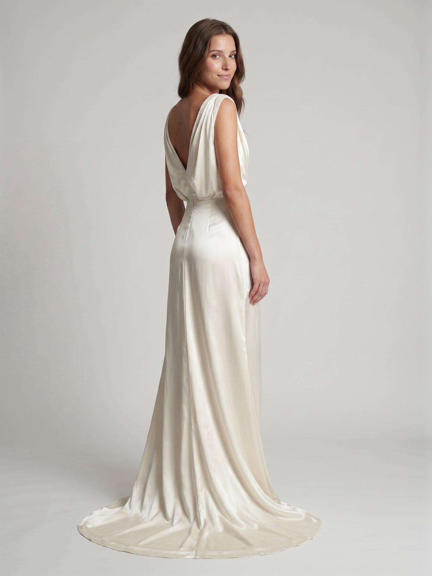 Ivory Satin A-Line V-Neck V-Back Floor-Length Pleated Bridesmaid Dress