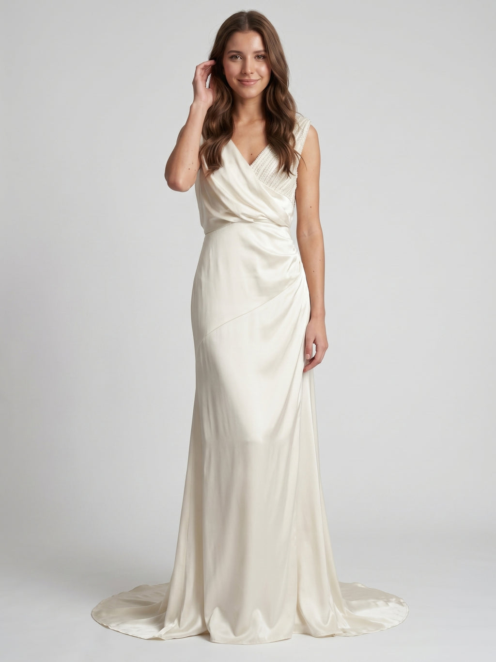 Ivory Satin A-Line V-Neck V-Back Floor-Length Pleated Bridesmaid Dress