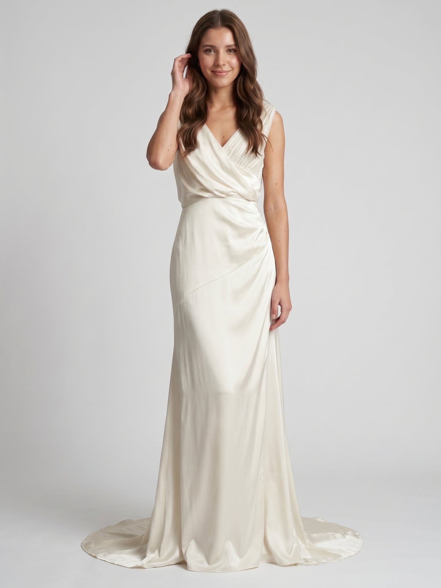 Ivory Satin A-Line V-Neck V-Back Floor-Length Pleated Bridesmaid Dress