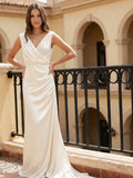 Ivory Satin A-Line V-Neck V-Back Floor-Length Pleated Bridesmaid Dress