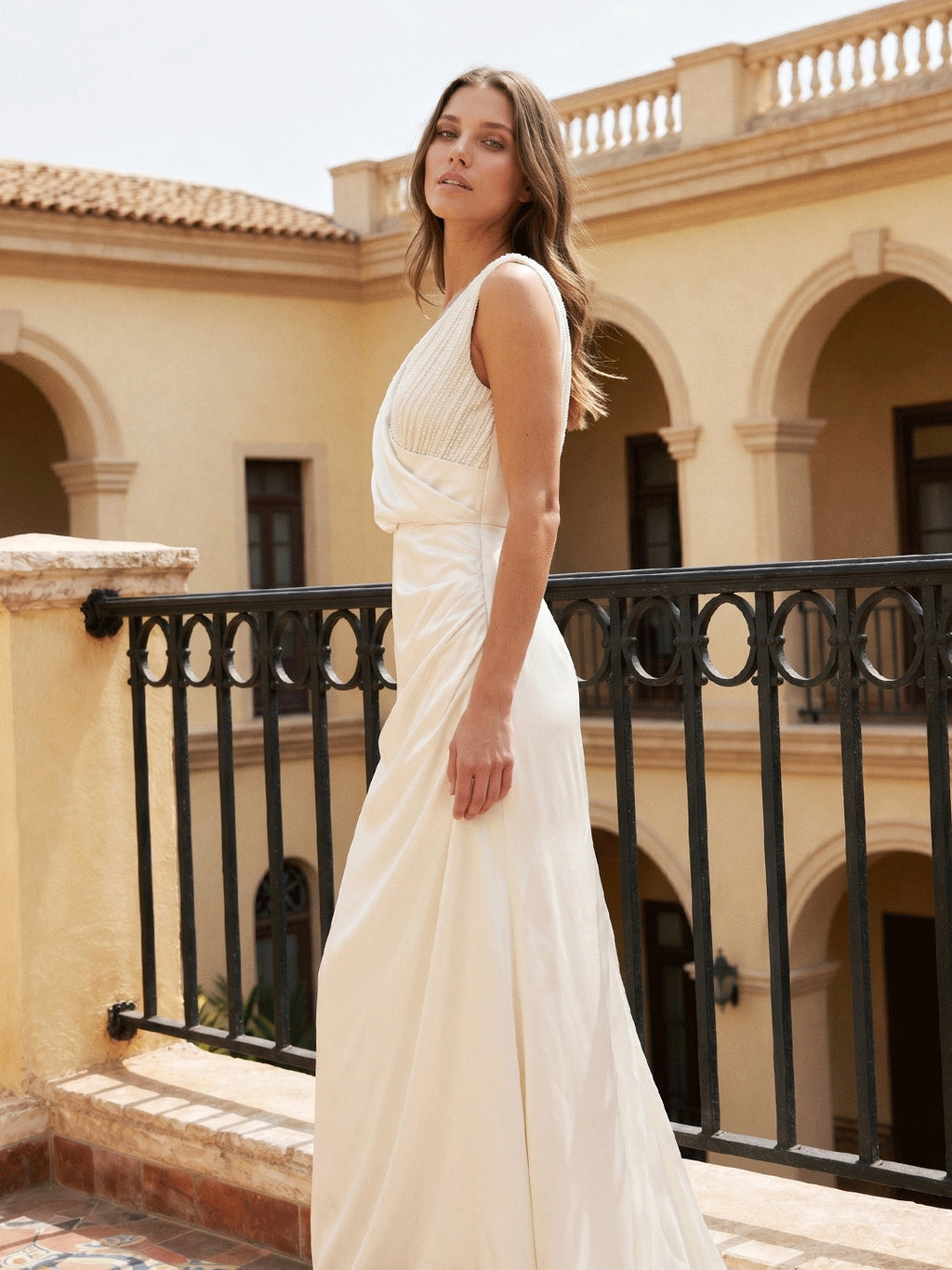 Ivory Satin A-Line V-Neck V-Back Floor-Length Pleated Bridesmaid Dress