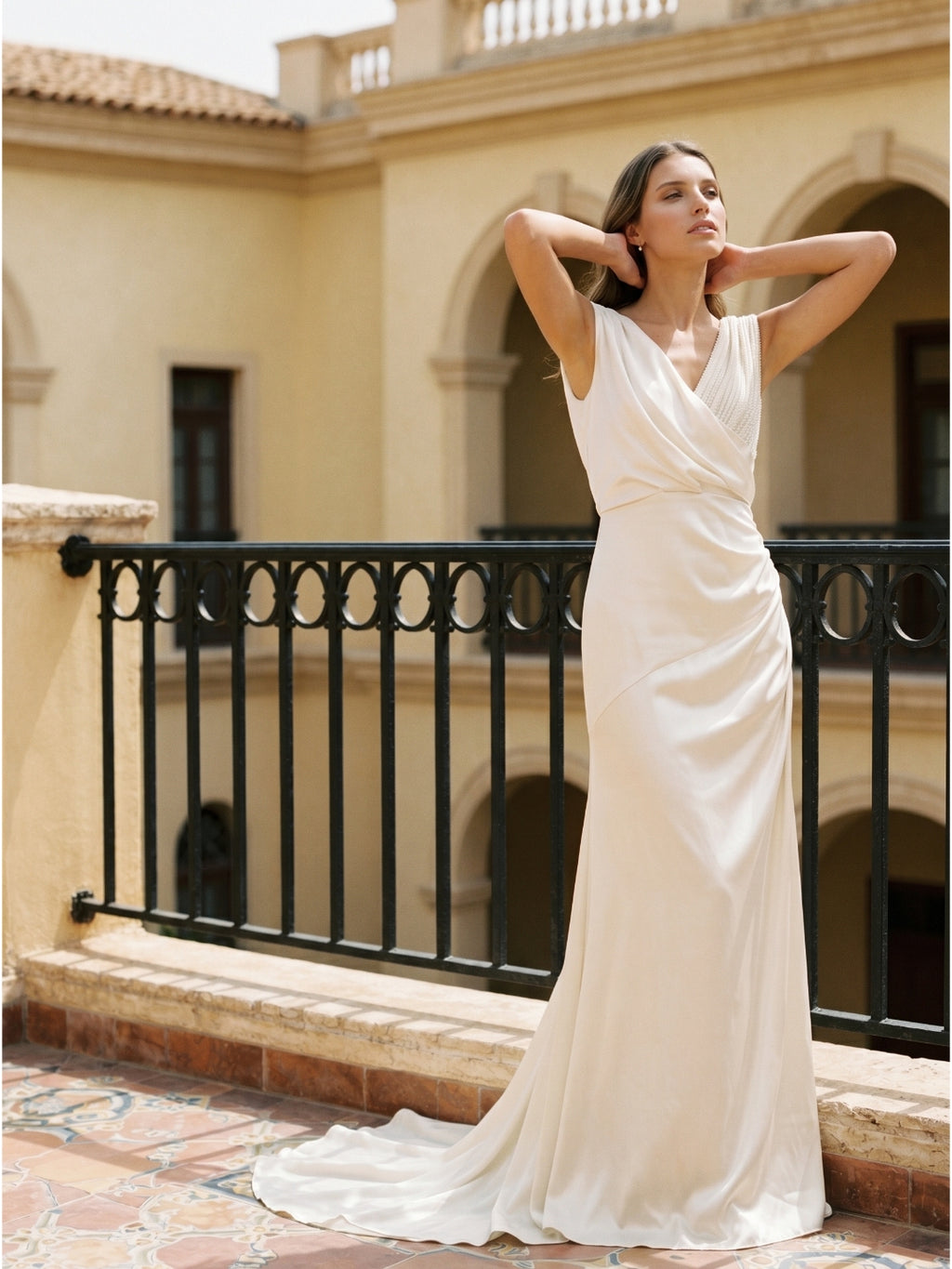Ivory Satin A-Line V-Neck V-Back Floor-Length Pleated Bridesmaid Dress