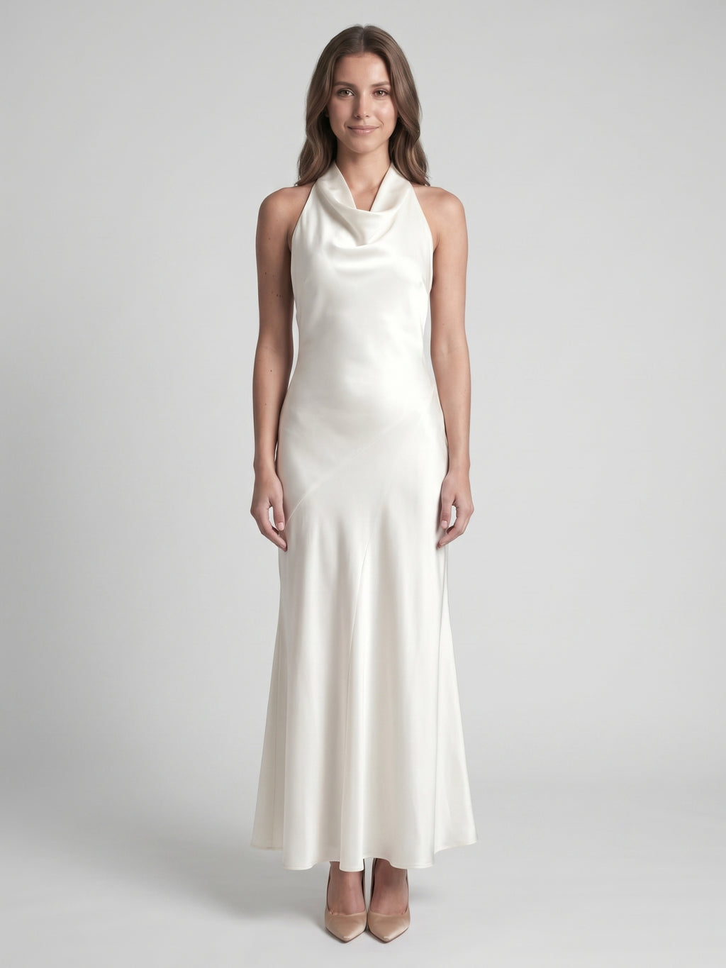 Ivory Satin Mermaid Cowl Neck Backless Floor-Length Bridesmaid Dress