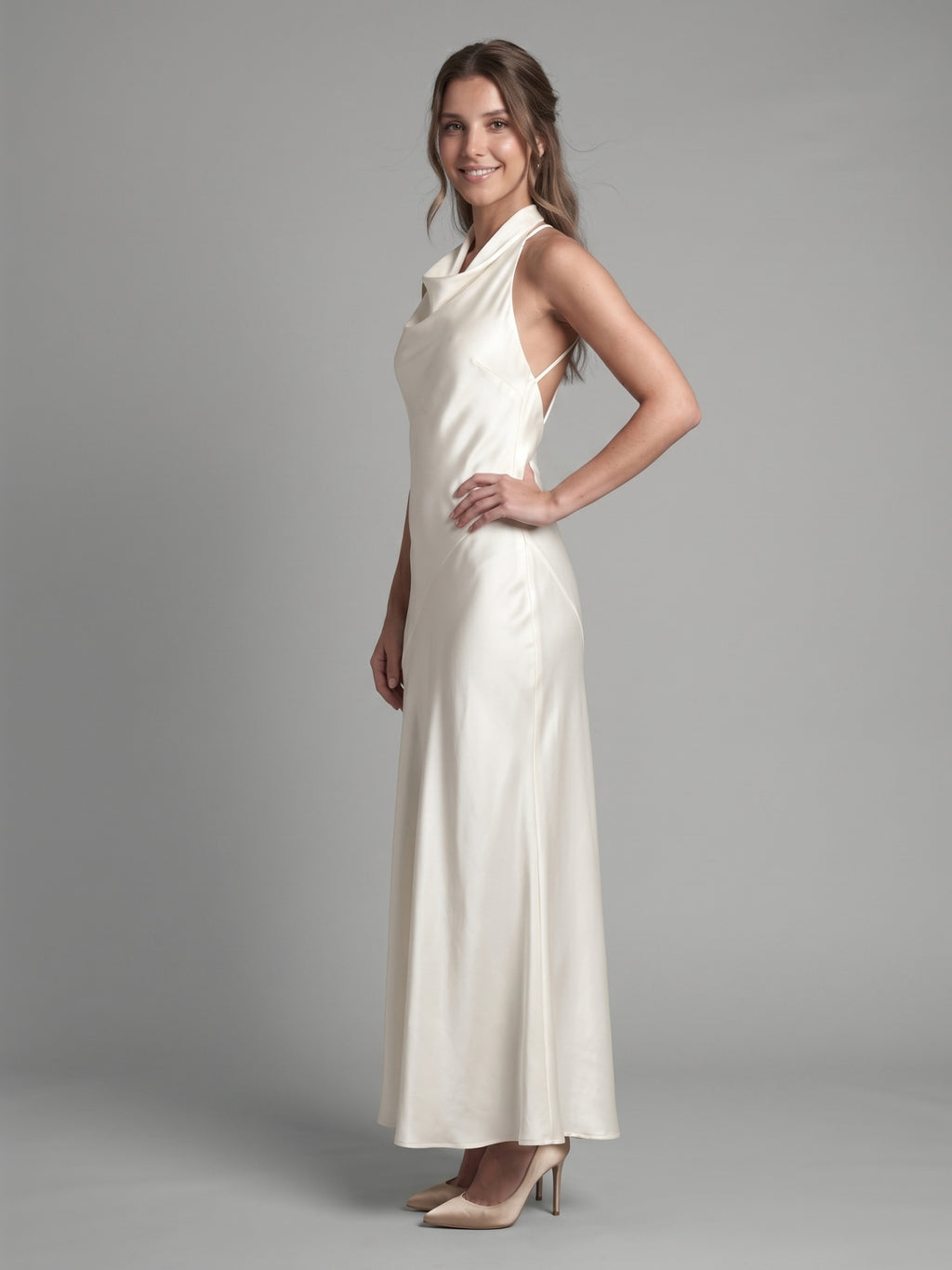 Ivory Satin Mermaid Cowl Neck Backless Floor-Length Bridesmaid Dress