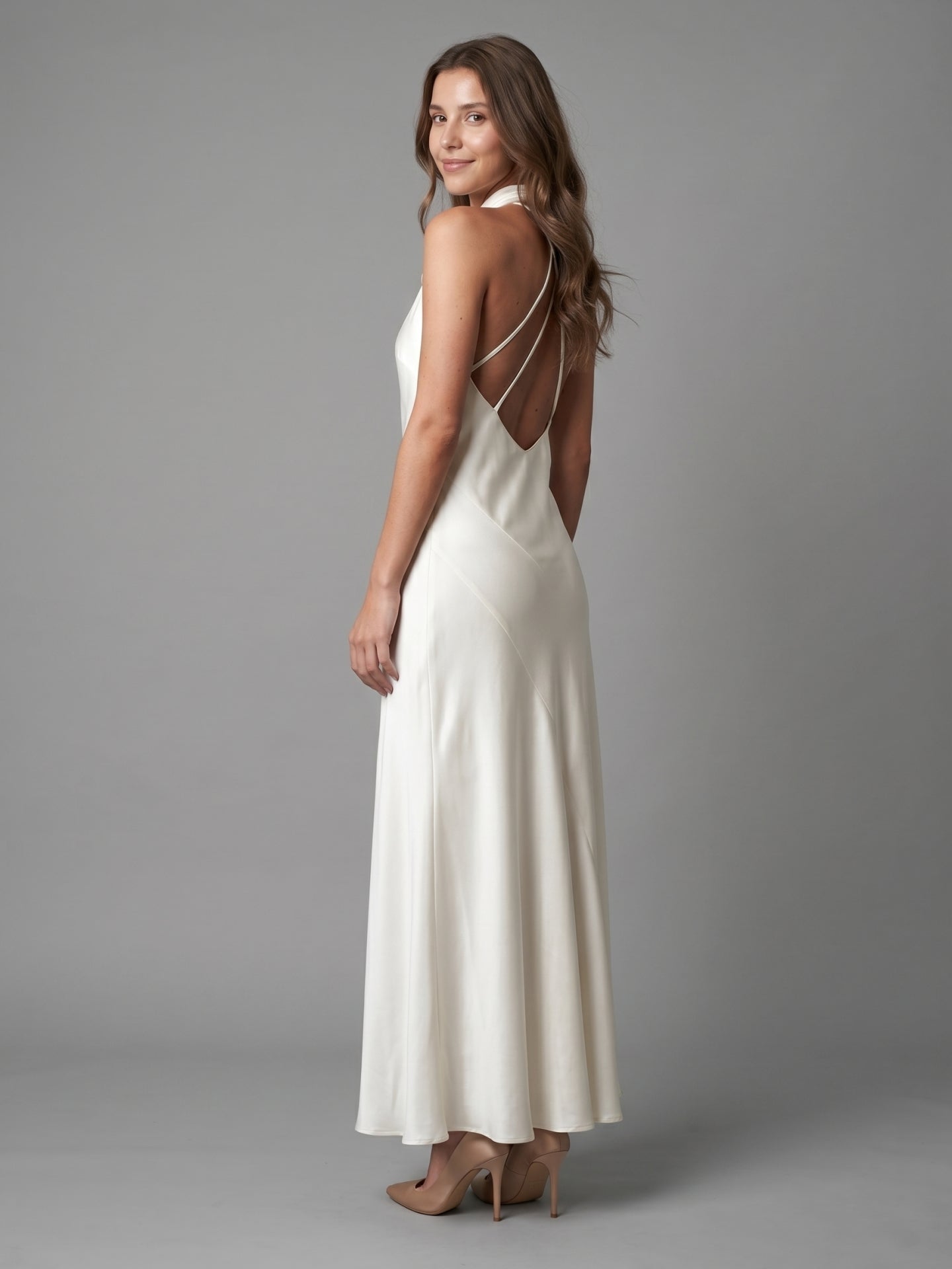 Ivory Satin Mermaid Cowl Neck Backless Floor-Length Bridesmaid Dress