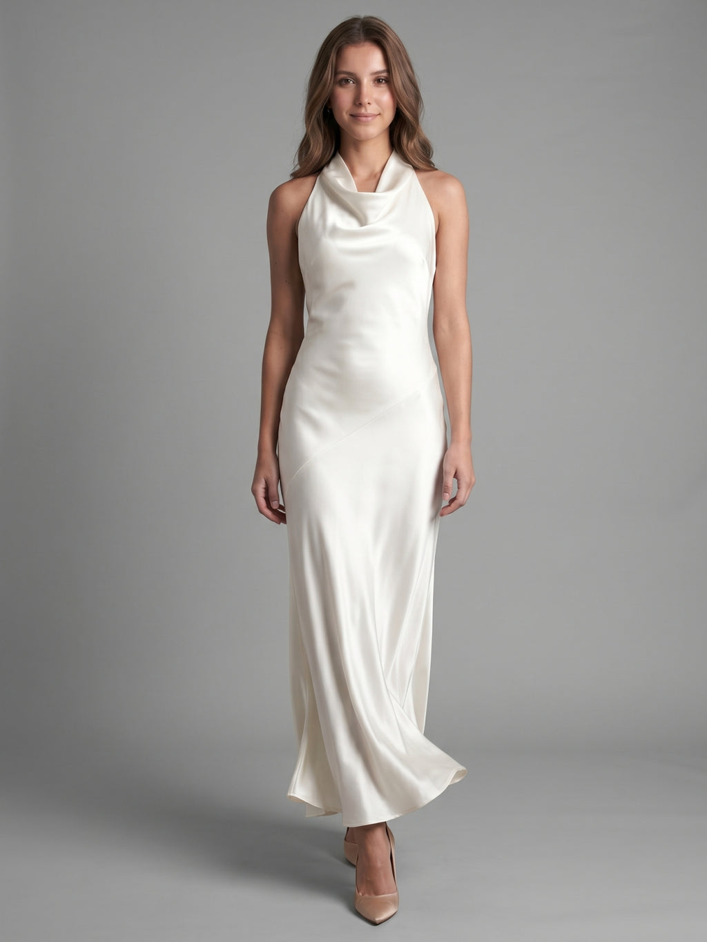 Ivory Satin Mermaid Cowl Neck Backless Floor-Length Bridesmaid Dress