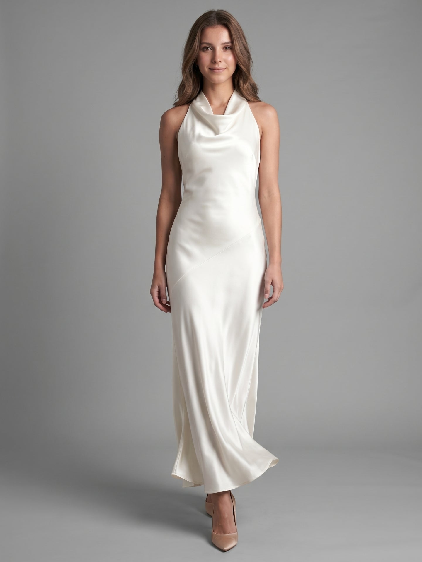 Ivory Satin Mermaid Cowl Neck Backless Floor-Length Bridesmaid Dress