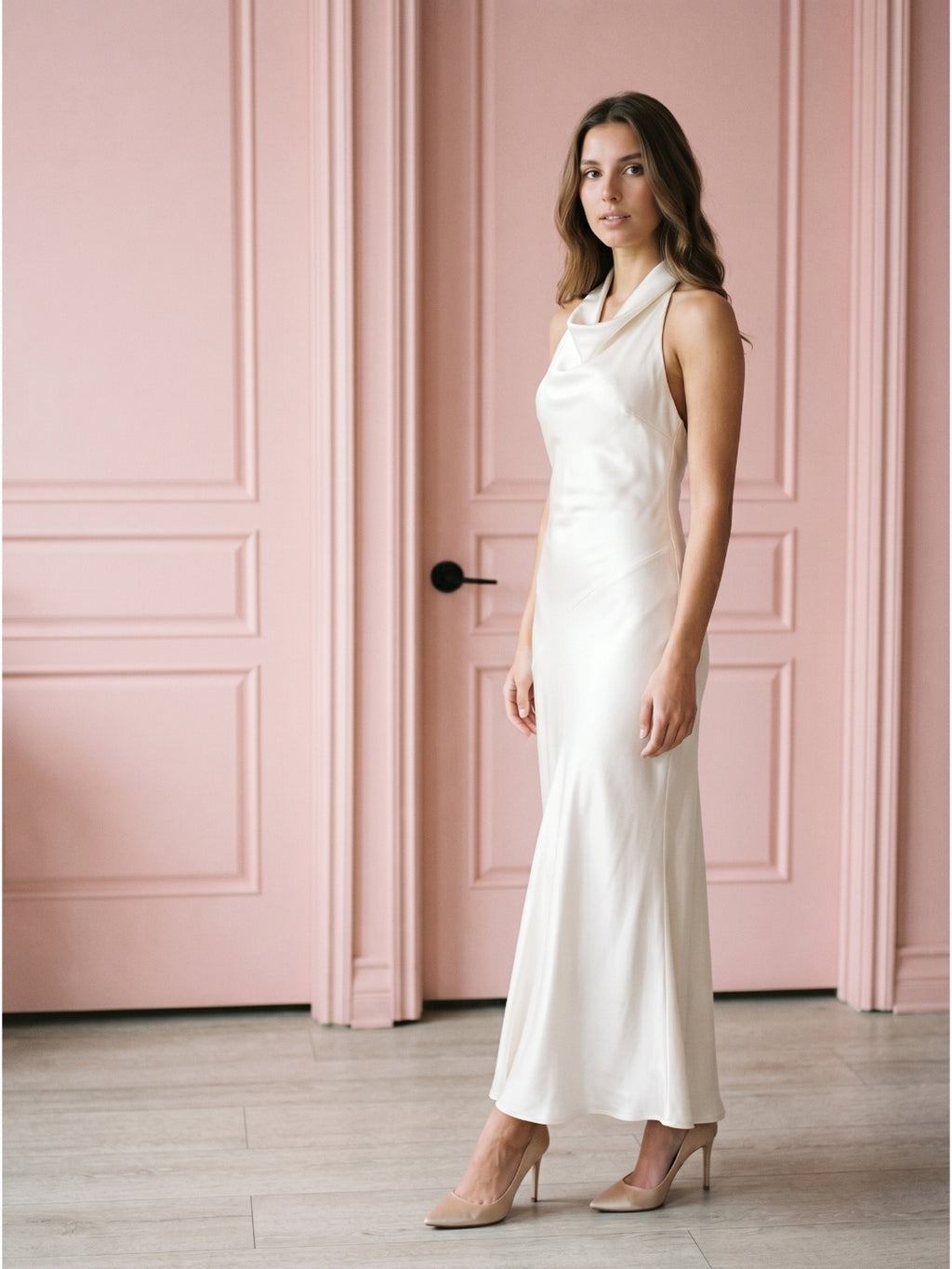 Ivory Satin Mermaid Cowl Neck Backless Floor-Length Bridesmaid Dress