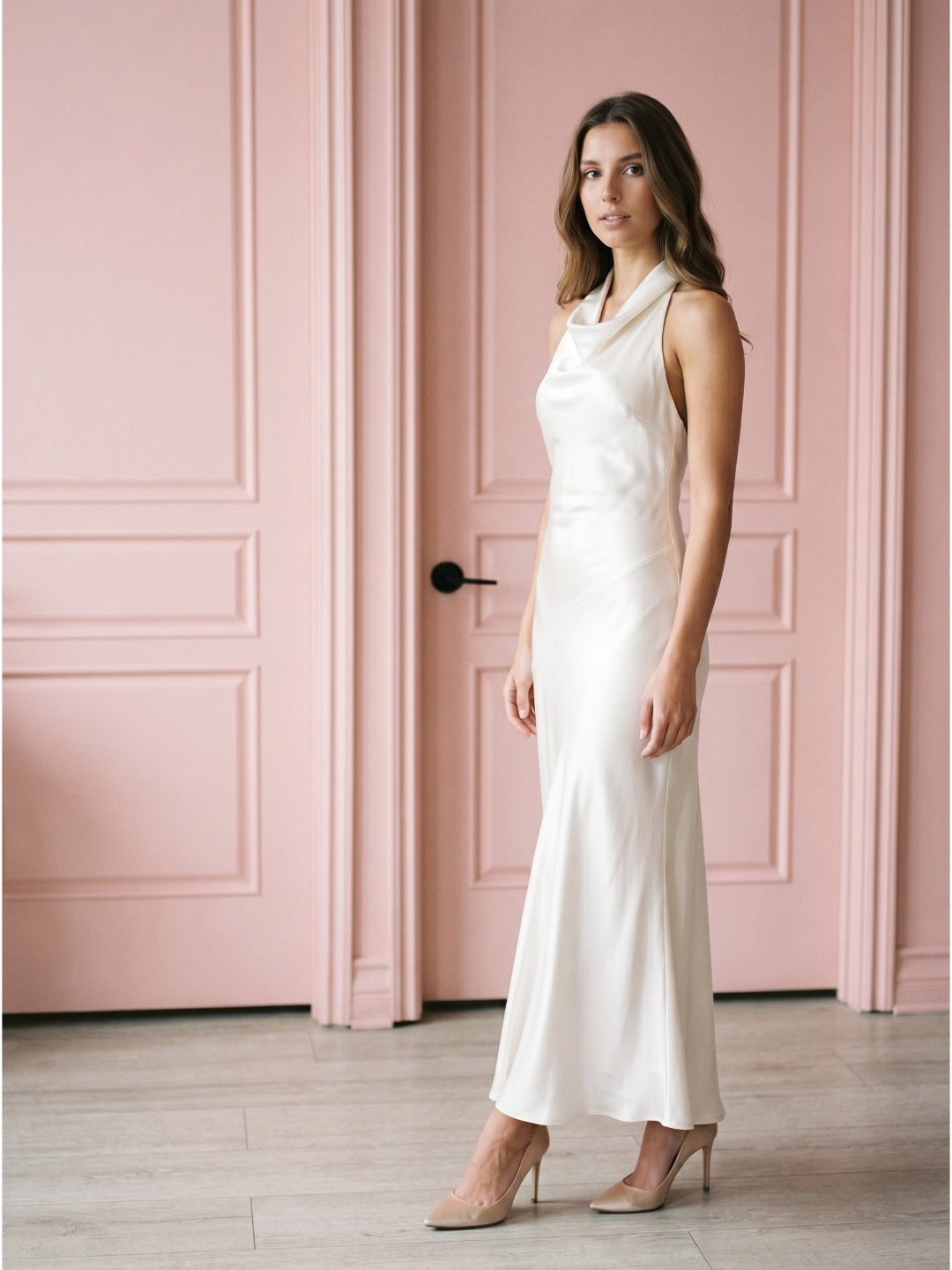 Ivory Satin Mermaid Cowl Neck Backless Floor-Length Bridesmaid Dress