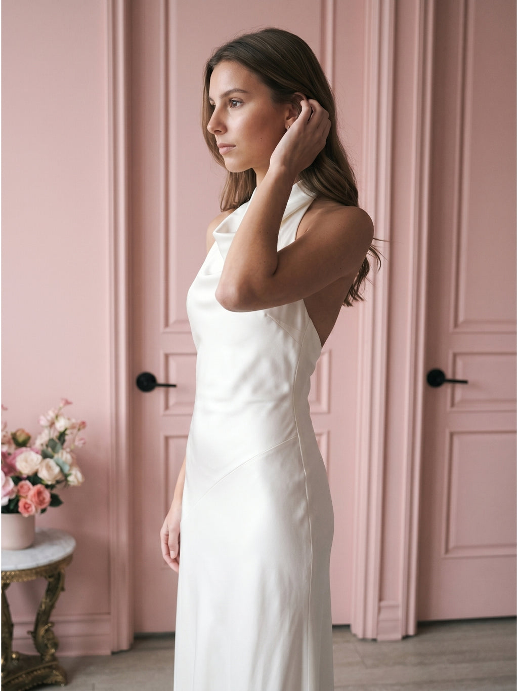 Ivory Satin Mermaid Cowl Neck Backless Floor-Length Bridesmaid Dress