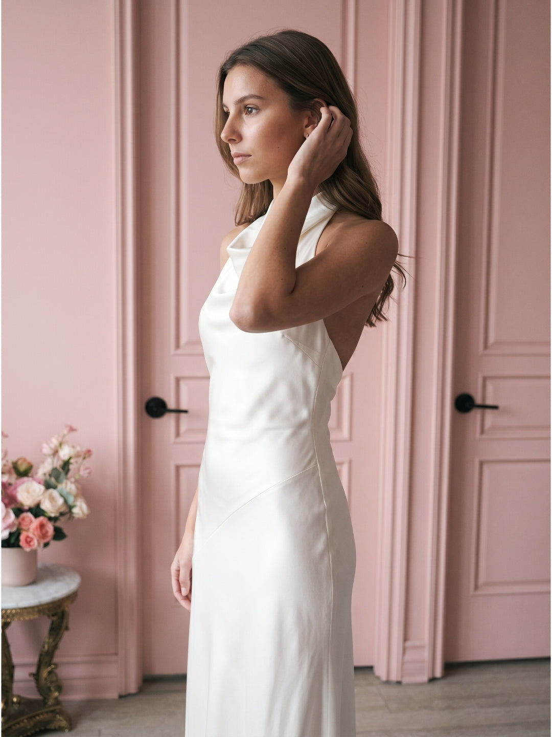 Ivory Satin Mermaid Cowl Neck Backless Floor-Length Bridesmaid Dress