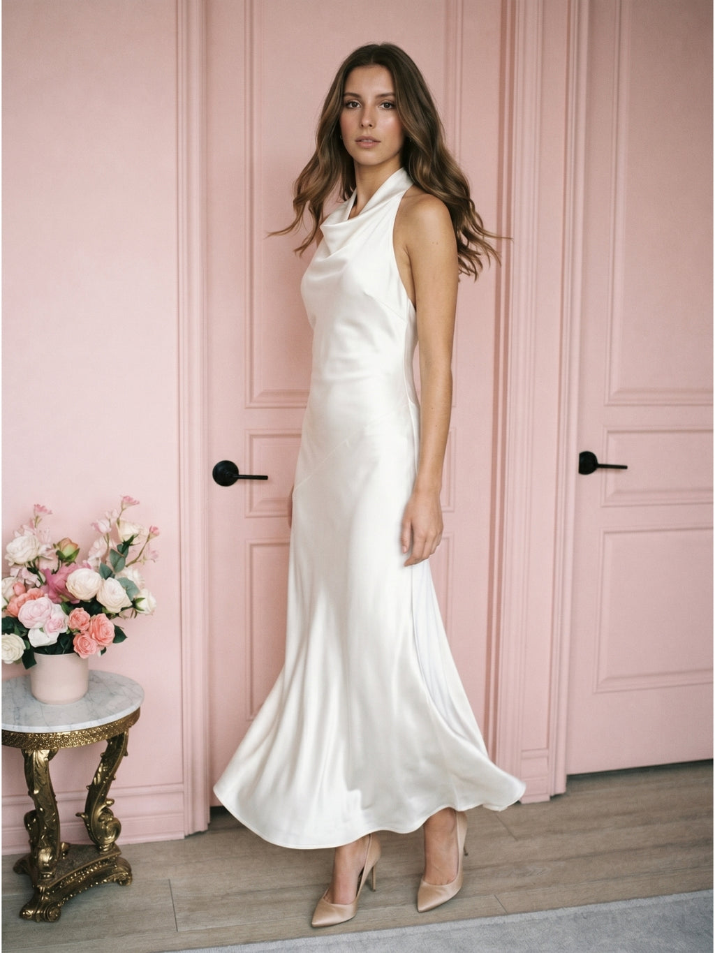 Ivory Satin Mermaid Cowl Neck Backless Floor-Length Bridesmaid Dress