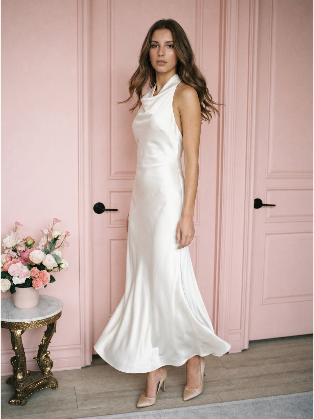 Ivory Satin Mermaid Cowl Neck Backless Floor-Length Bridesmaid Dress