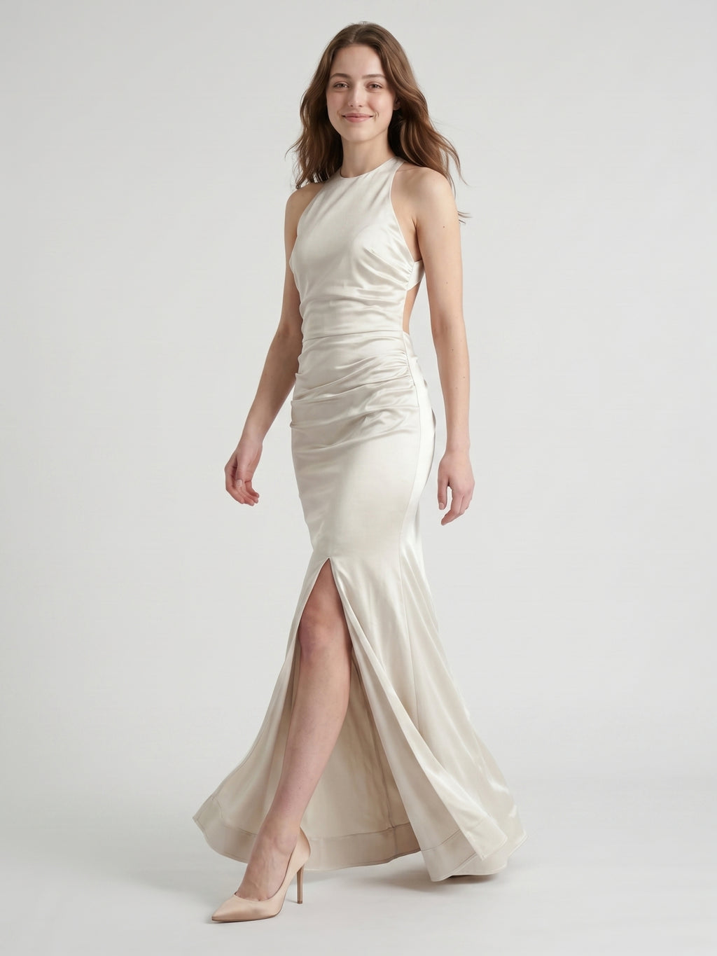 Ivory Satin Mermaid Halter Neckline Backless Floor-Length Bridesmaid Dress with Pleated Style