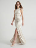 Ivory Satin Mermaid Halter Neckline Backless Floor-Length Bridesmaid Dress with Pleated Style